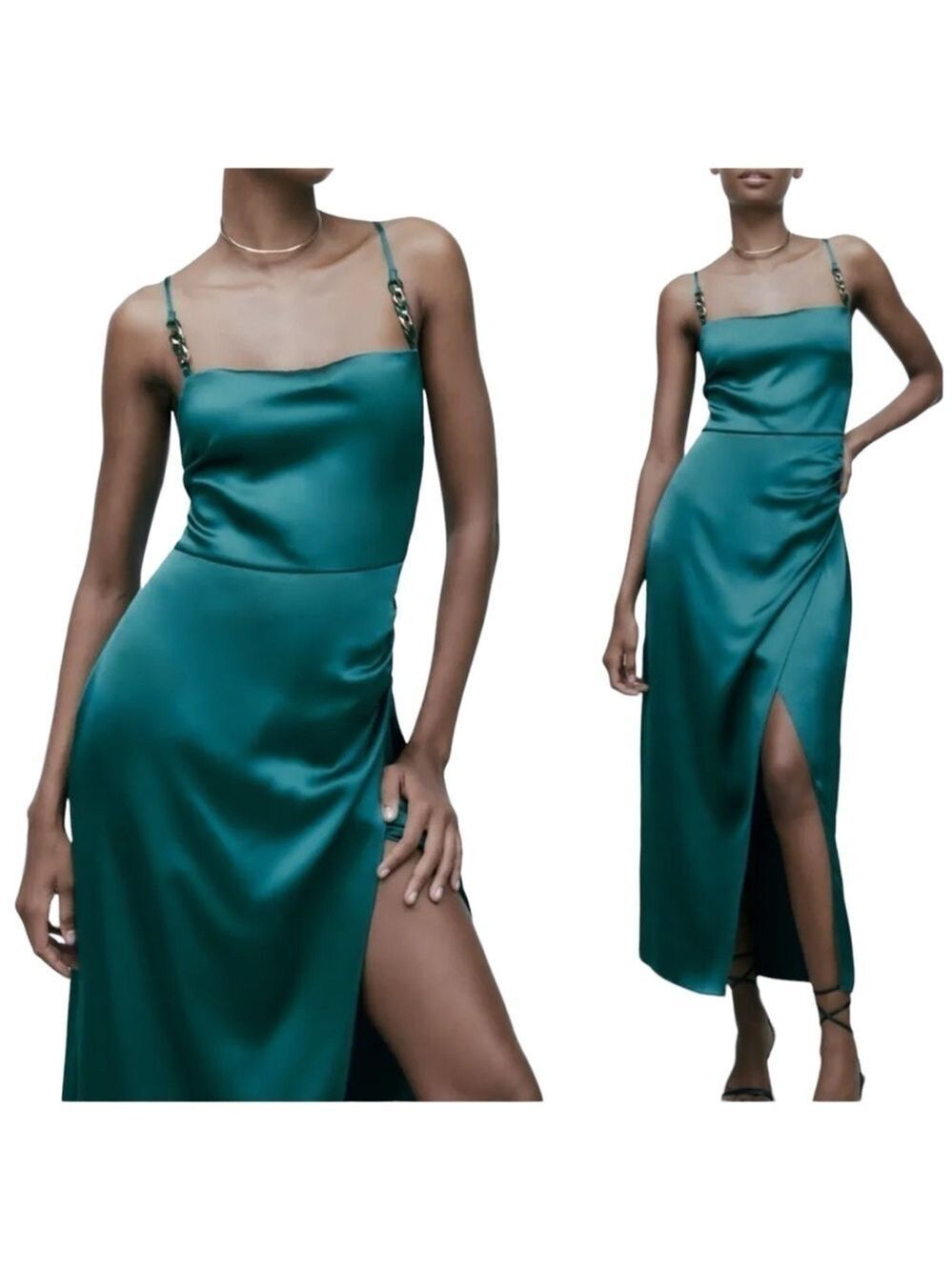 Zara Satin Slip Style Wrap Dress with Gold Chain Detailing on Straps